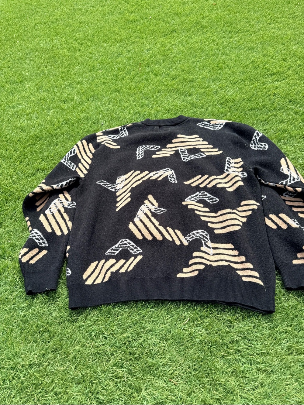 Men's Black Crewneck Sweater with Beige Abstract Pattern